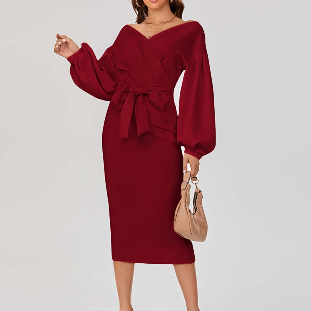 SHEIN Burgundy Gorgeous Long Sleeve Wrap Dress Sz L - Picture 2 of 11